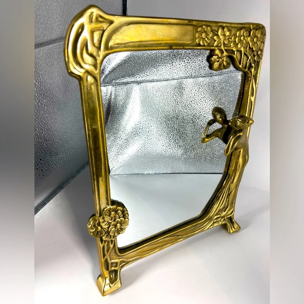 Art Nouveau Vintage Mirror Solid Brass 3 D Lady in beautiful Table mirror. - Picture 1 of 4